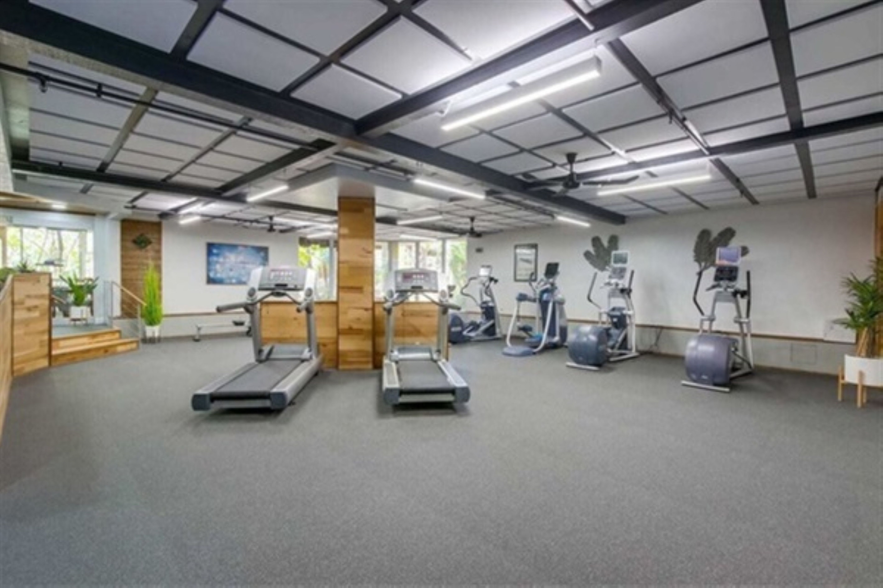 Adults-only fitness center beneath the waterfall