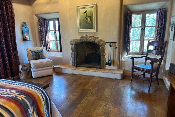 Electric fireplace log in fireplace, controlled by remote, also serves as a heater. 