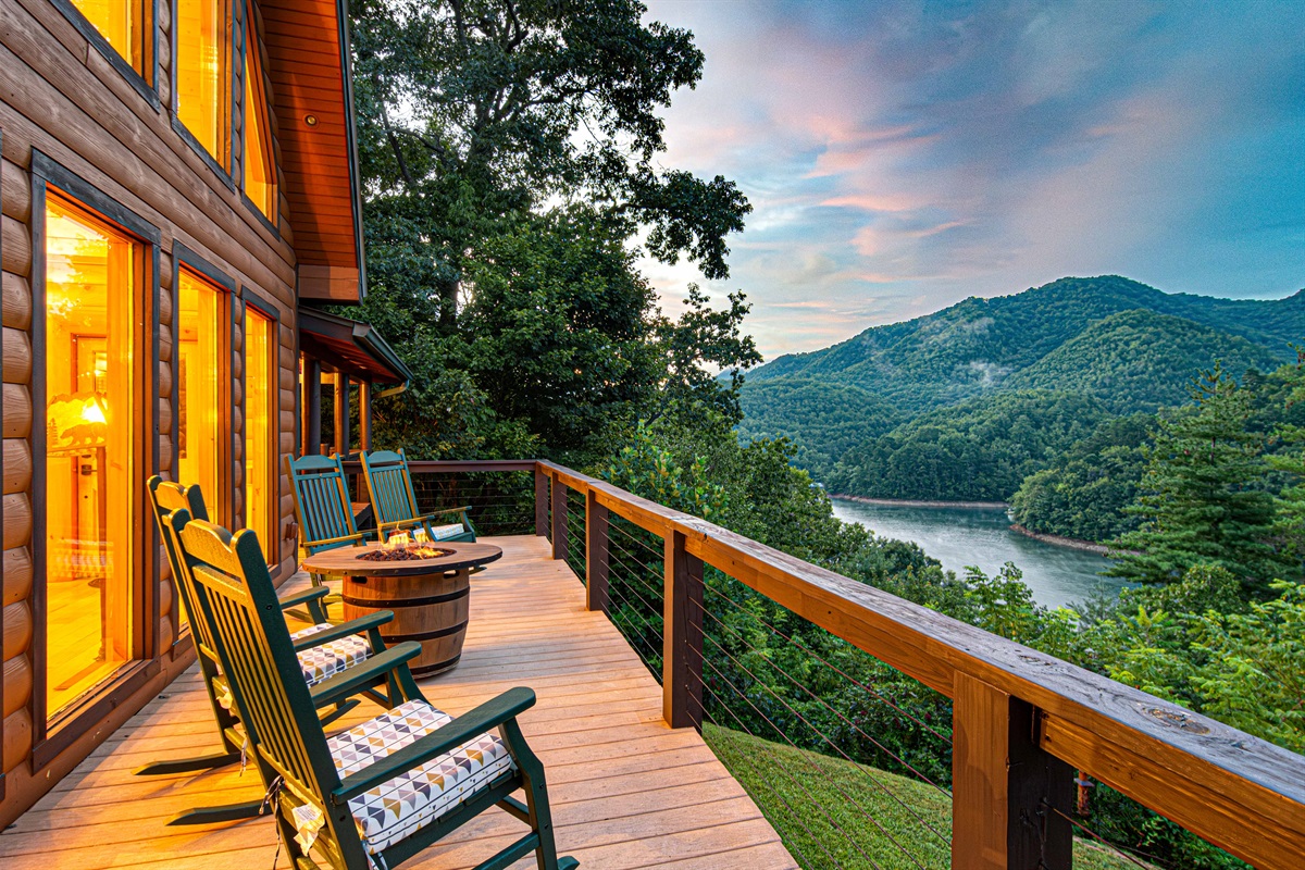 Main Level Deck: Savor stunning mountain views from rocking chairs by the fire pit!