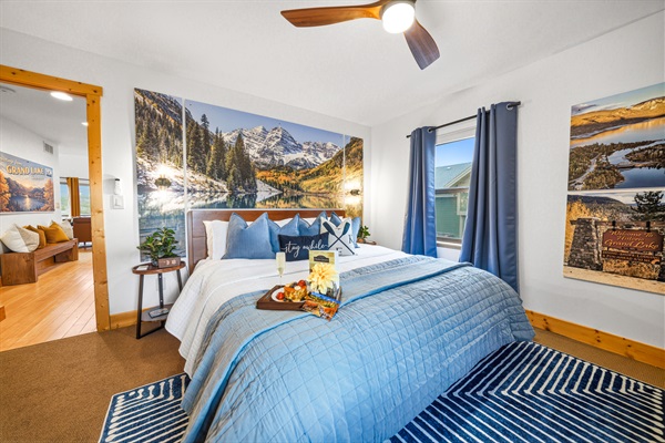 Just off the kitchen is the first of 3 main bedrooms...this one captures the calm of a crisp blue alpine morning.