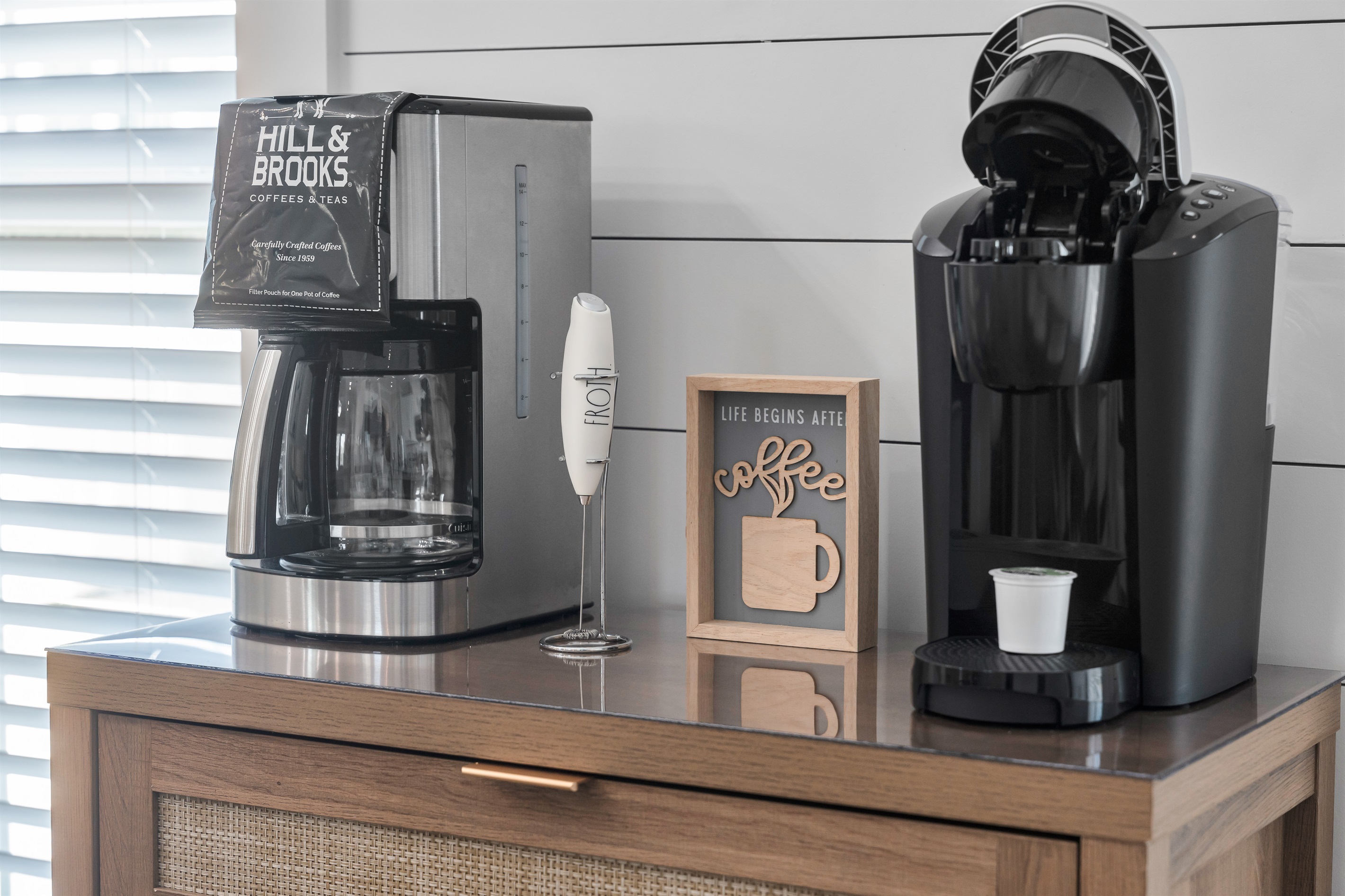 But First - Coffee!!   Starting your day with coffee your way is easy.  Whether you want the custom brew in a French Press with creamer frothed just the way you like, a good pot of drip coffee, or the convenience of the pods, it's here.