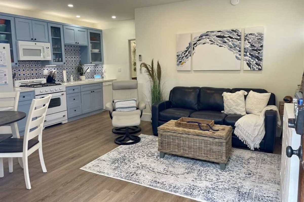 Good-sized living room with leather recliner and sofa bed. 