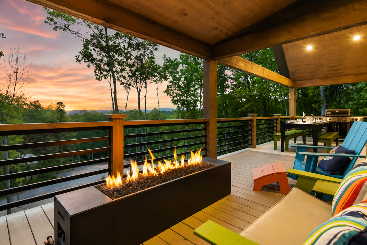 This cozy upstairs deck was made for golden toasts and long conversations. Mountain views, gas fire table, pure peace and bliss.
*Fire Table (Available Year Round)