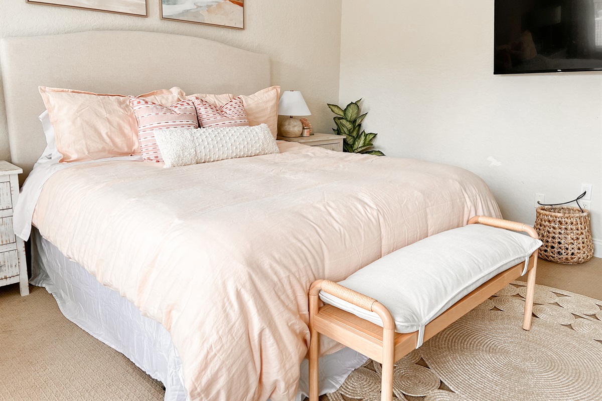 Guest Room 1 (King bed with ensuite bath, french doors + balcony, tv)