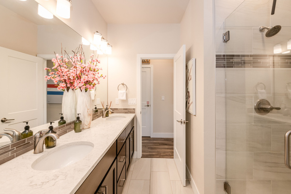 Main floor bath-side by side sinks and walk in shower