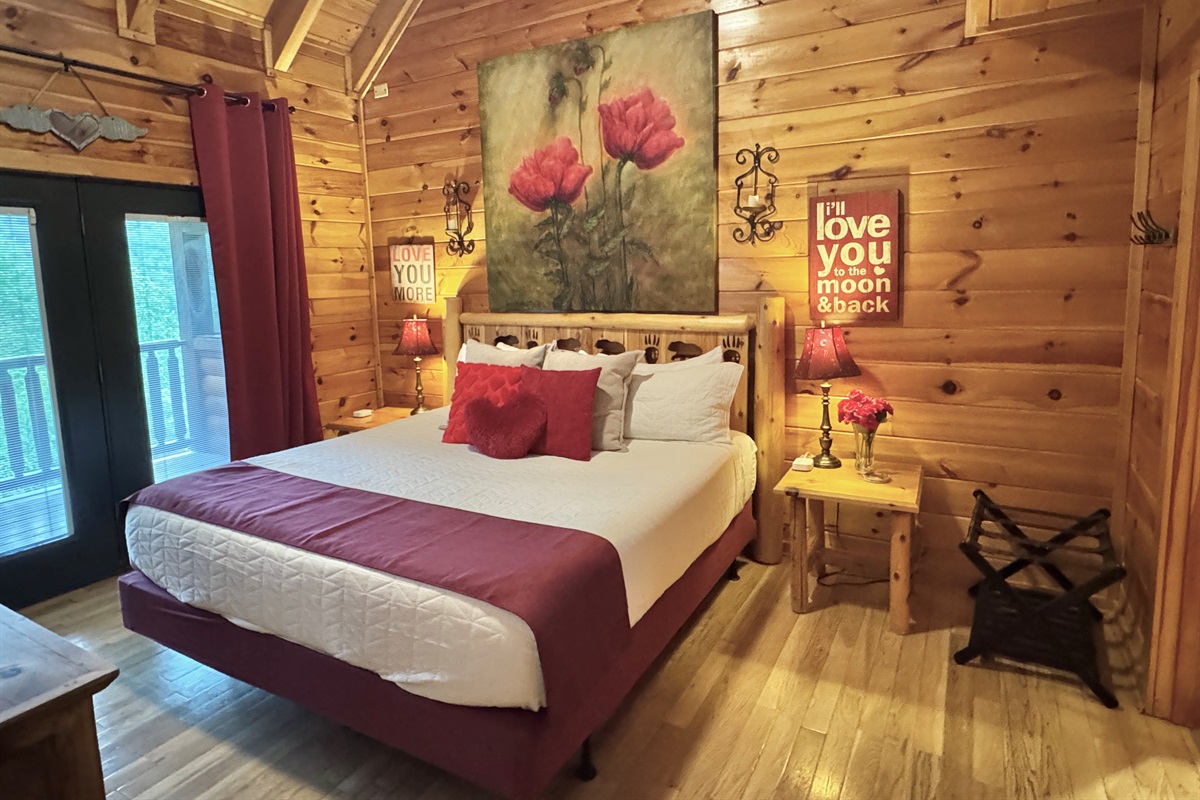 Valentine's Room, king bed, deck access, private bath, upper level.