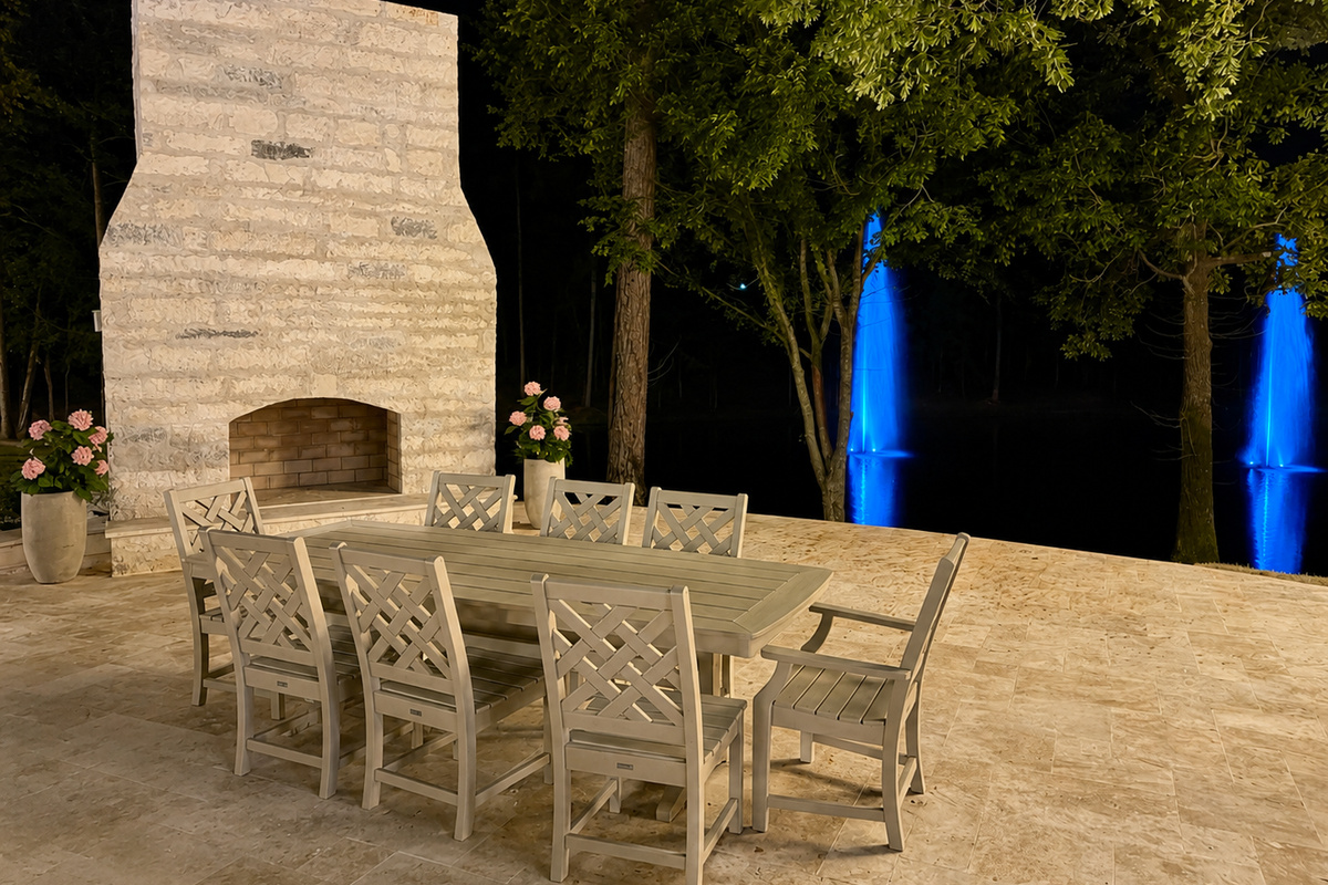 Outdoor fireplace at night with view of the Estate Fountains