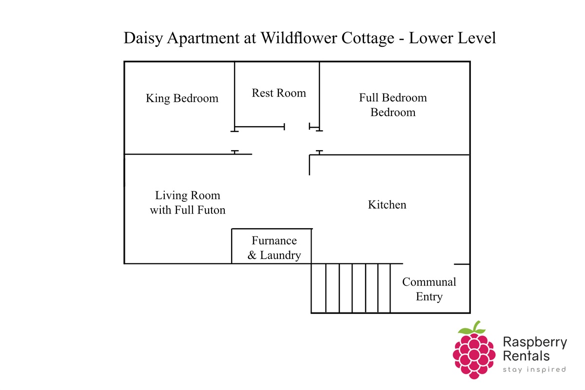 Floorplan showing entry into the kitchen at the bottom of a communal staircase. The kitchen opens into the living room with full futon, then to a small hallway leading to a king bedroom on one side, a full bedroom on the other, and a rest room in between.