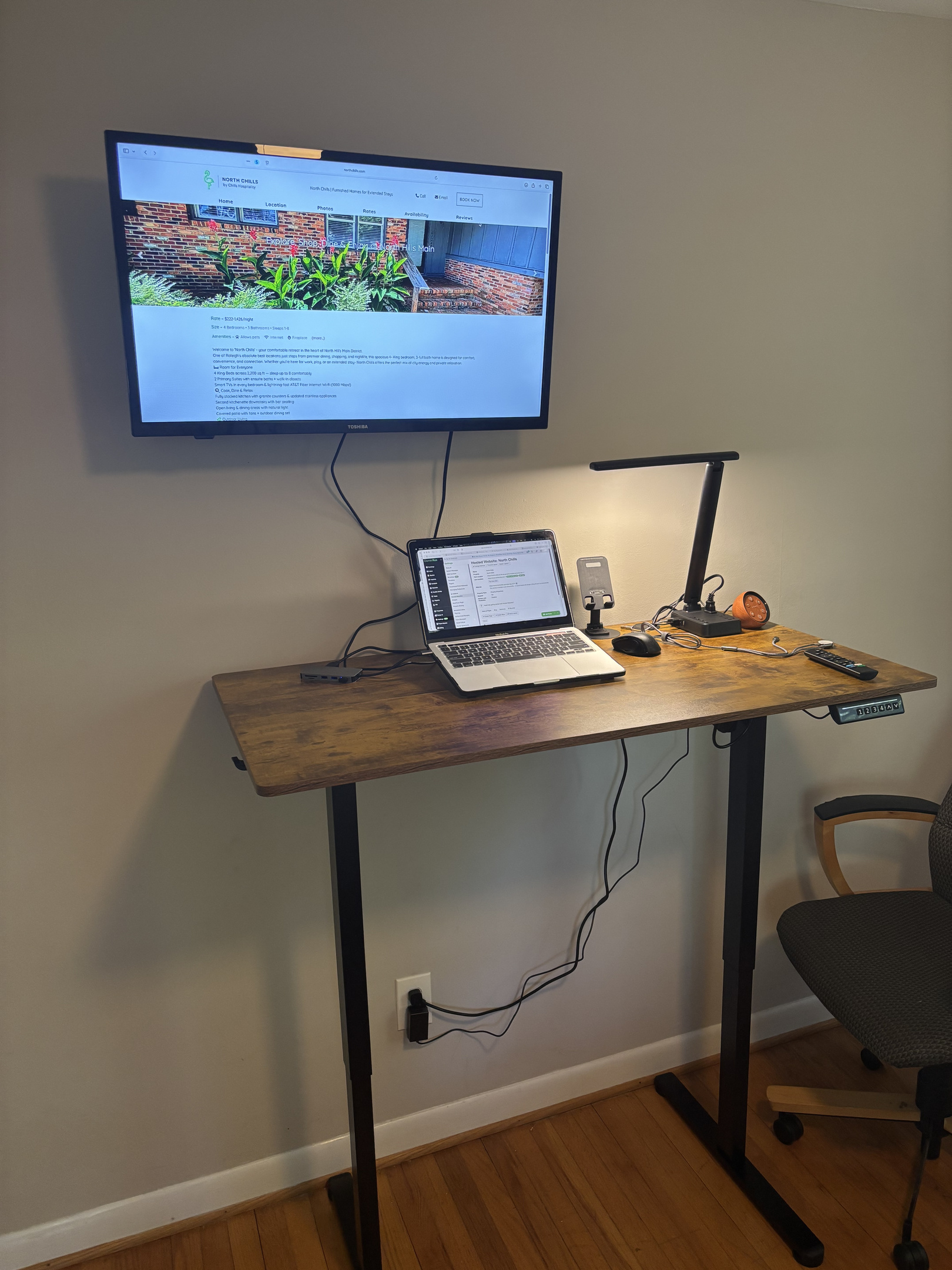 Upgraded North Chills work suite with motorized standing desk, usb-c dock, sound machine, led light and charging hub.
