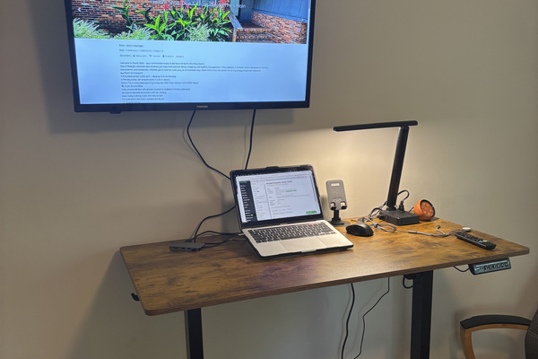 Upgraded North Chills work suite with motorized standing desk, usb-c dock, sound machine, led light and charging hub.