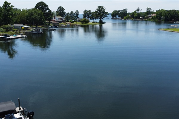 Looking out from the quiet cove toward "the big water" from our dock in the lovely cove.