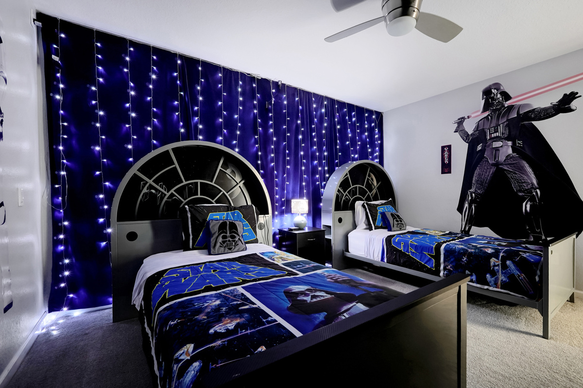 Star Wars Bedroom Upstairs with TV and ceiling fan