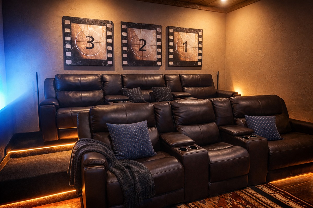 Kick back and enjoy your own private theater room&mdash;plush reclining seating, cozy ambiance, and the perfect setup for movie nights after a day in the mountains.
