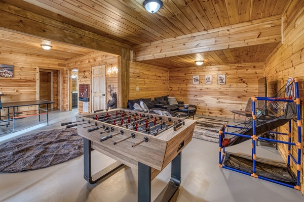 Basement game room includes ping pong, darts, foosball; wall games like connect four, ring toss, and tic tac toe; and plenty of board games, puzzles and more!