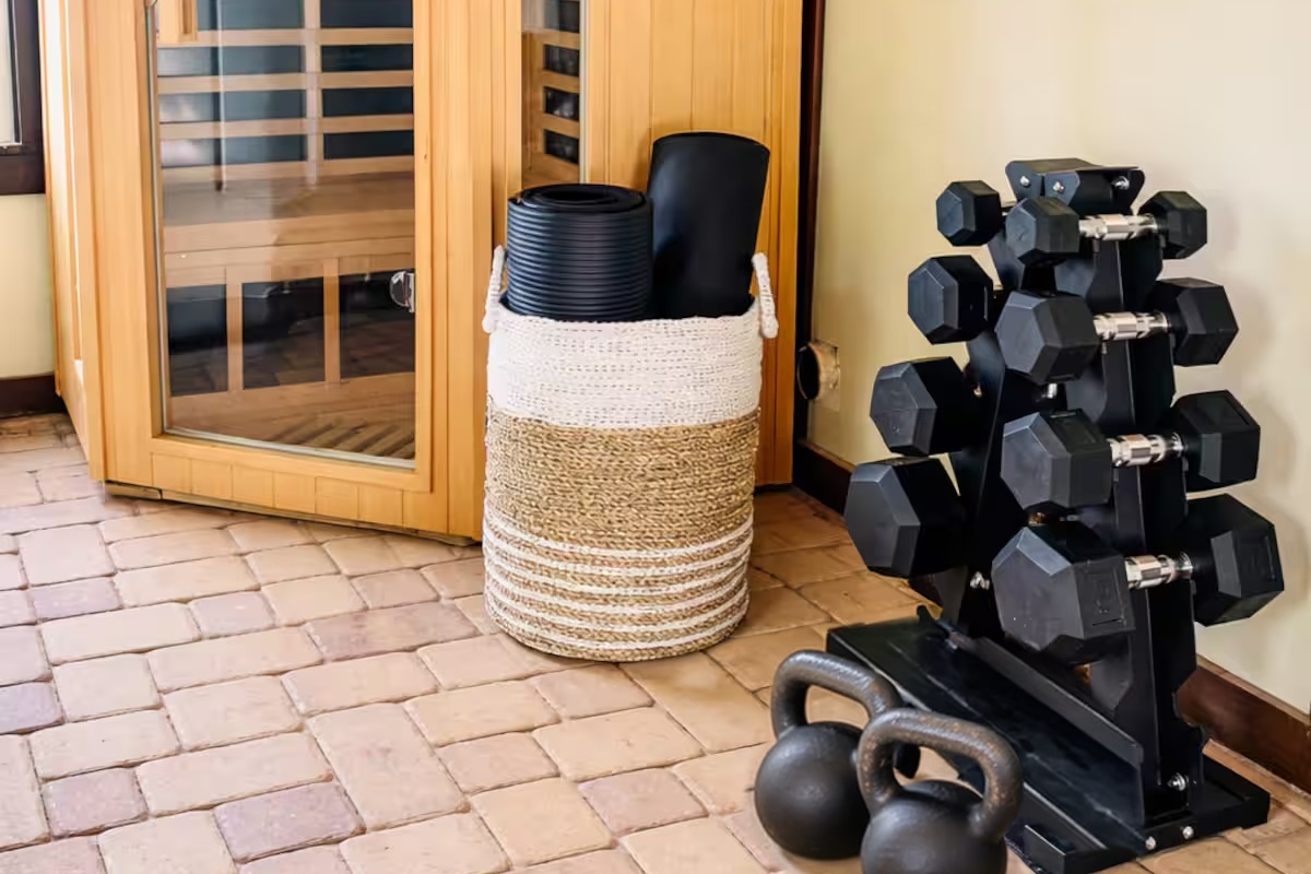 Relax and recharge with our private sauna and exercise equipment.