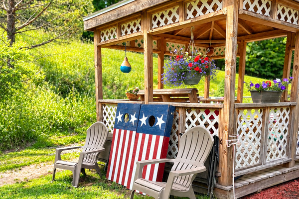Gazebo by the pool with Cornhole for your use