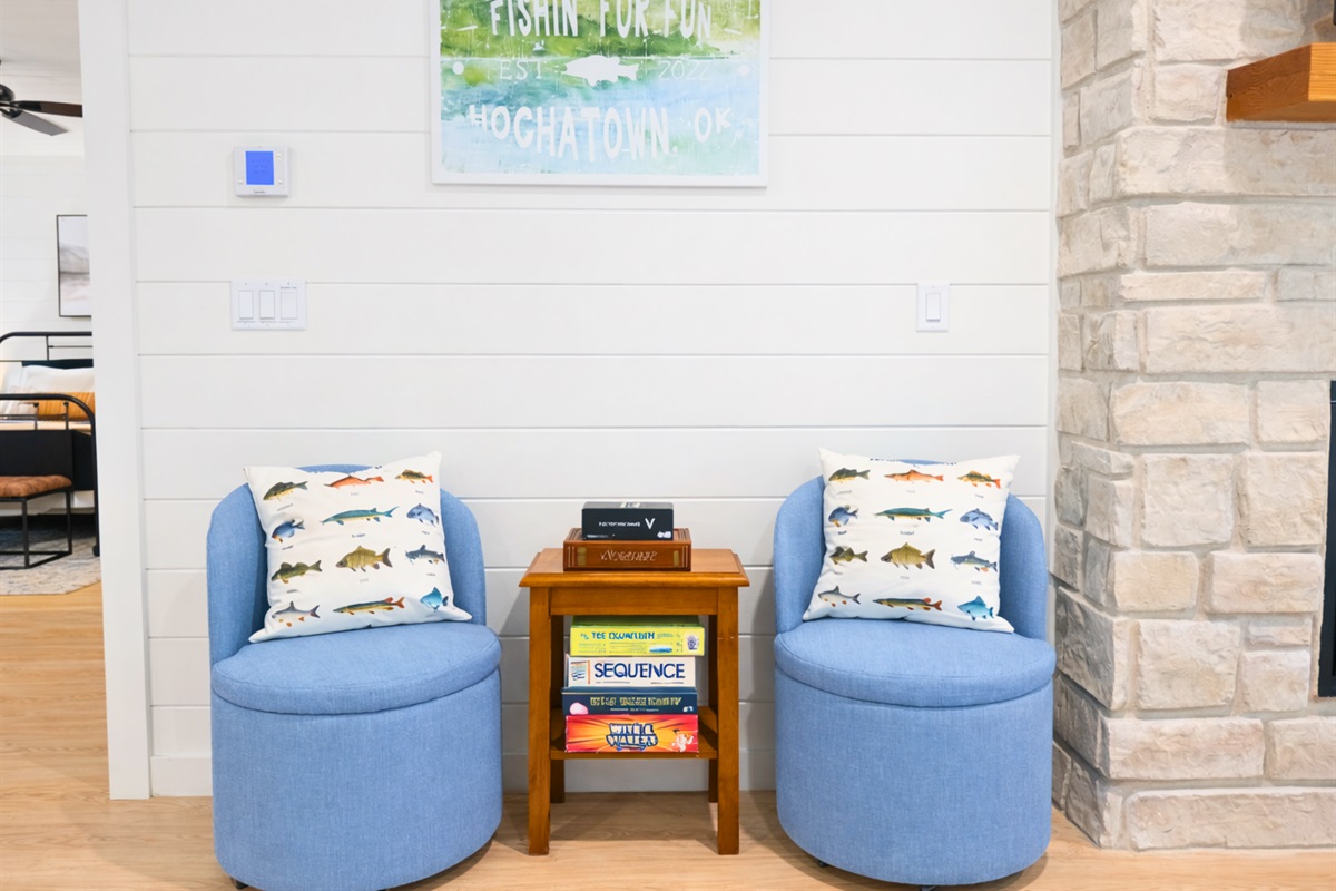 Cozy sitting area with fireplace for relaxing evenings.