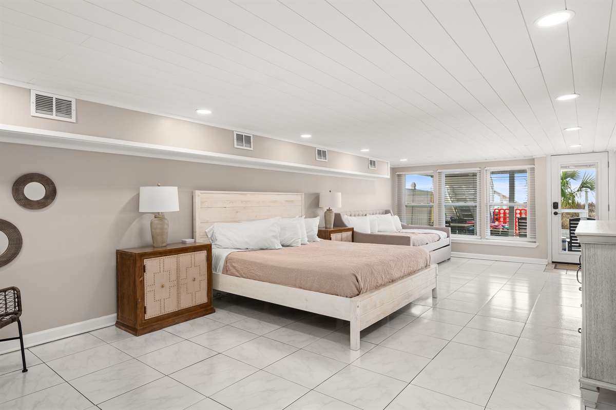 All bedrooms have been renovated and furnished with space for families to enjoy. Four bedrooms offer 4 king beds and this largest bedroom also contains a trundle for little ones bunking along. The fifth bedroom has two Full beds.