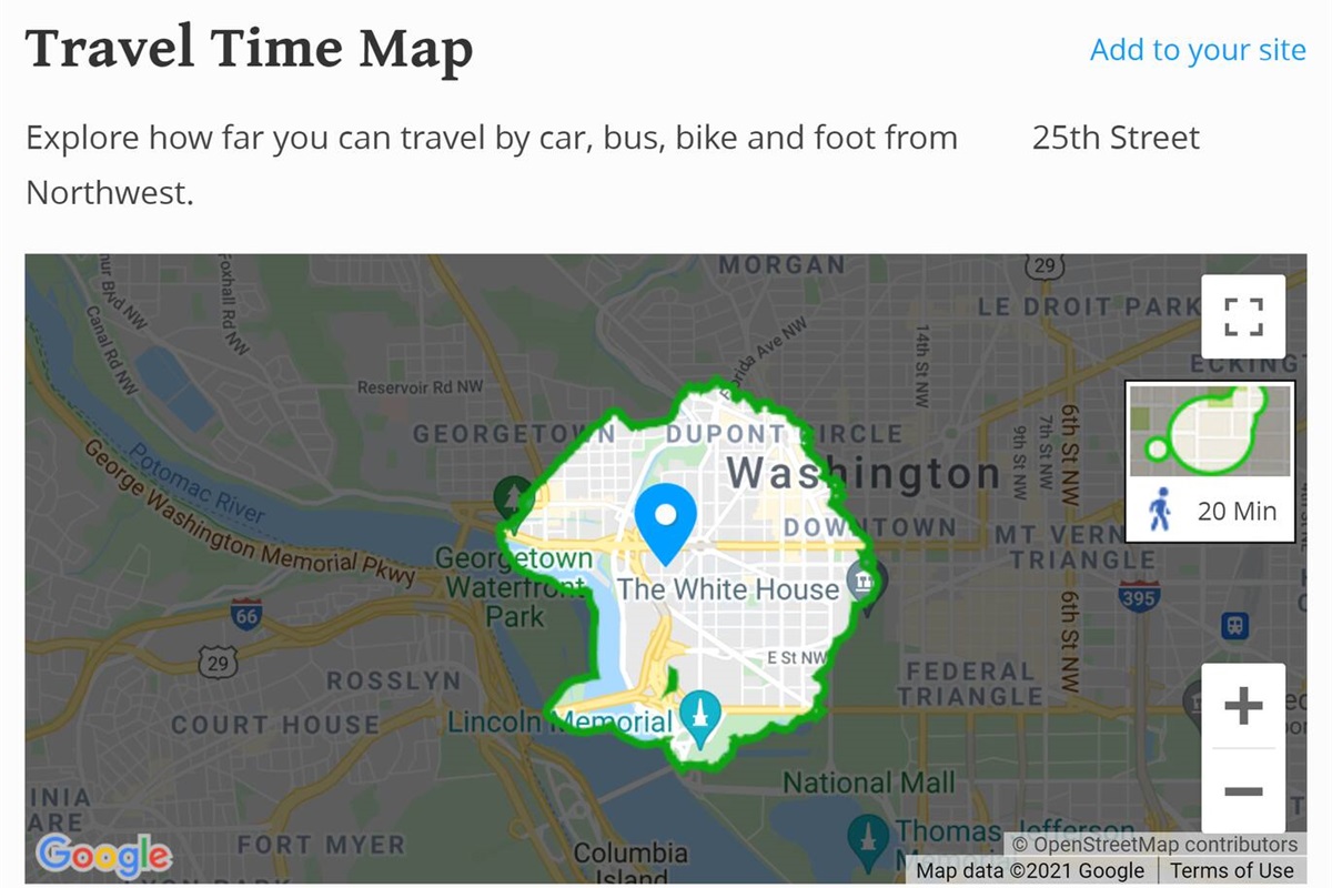 Walking Travel Map: Up to 20 Minutes.