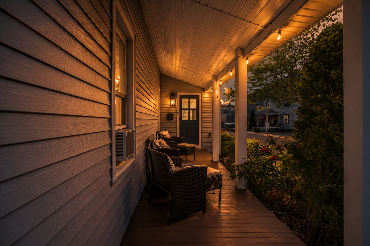 End the evening on the front porch under the warm string lights. It is the quiet flip side of the firepit out back, perfect for a nightcap and easy talk.
