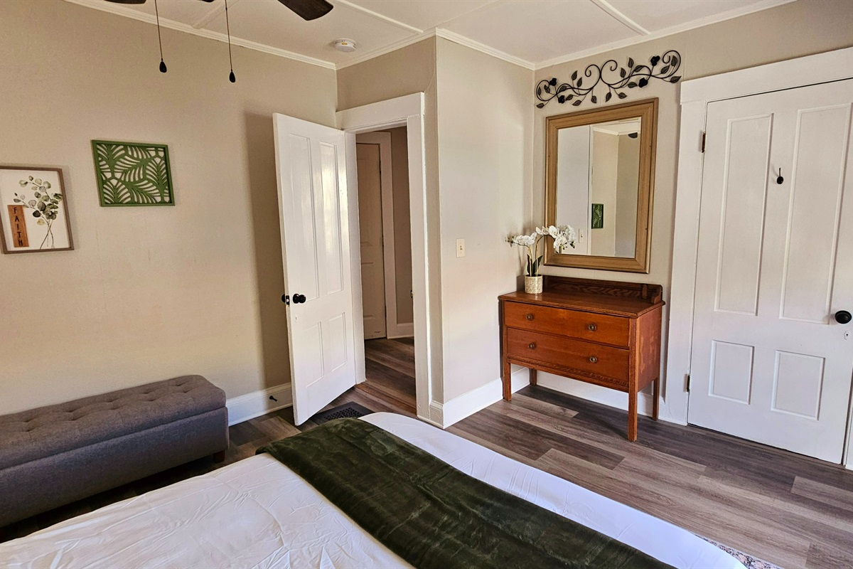 Closet and dresser for plenty of storage.