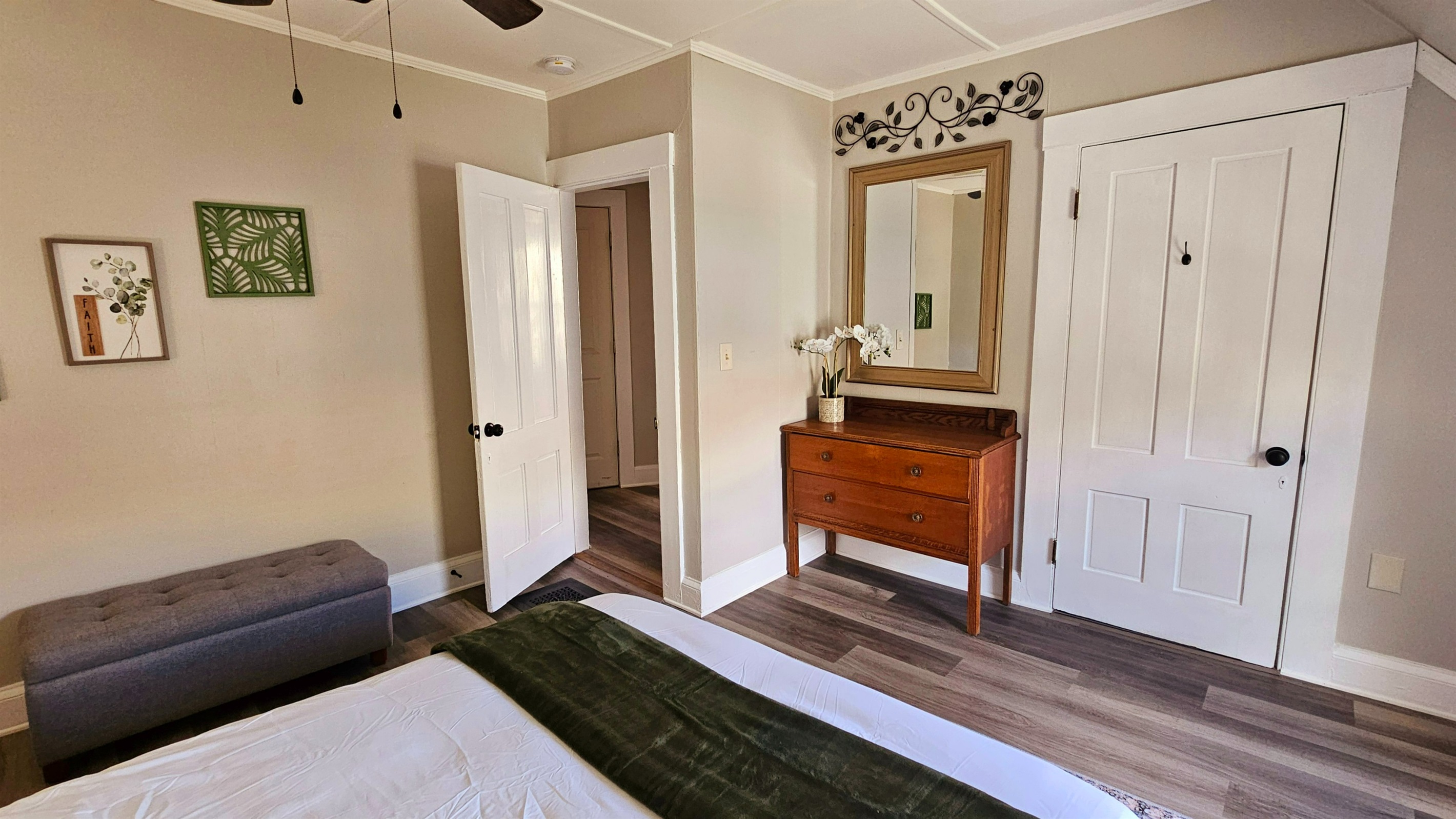 Closet and dresser for plenty of storage.