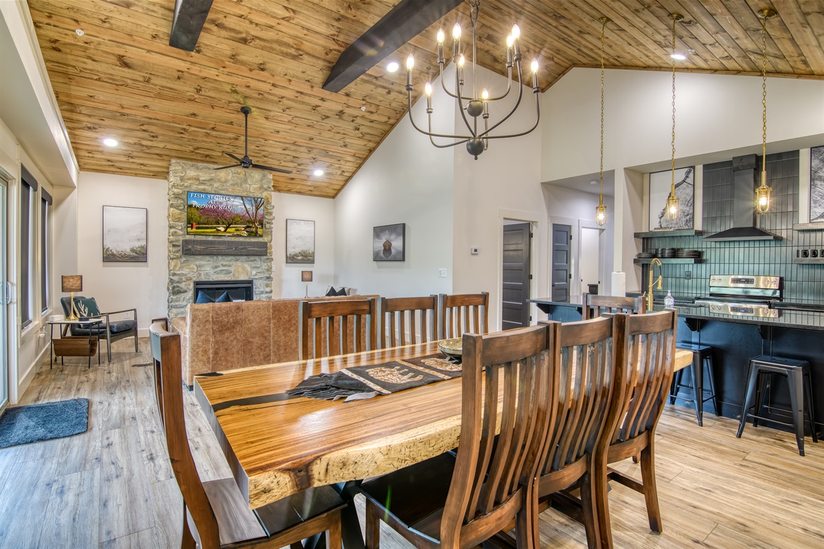 Kitchen, living, and dining open out onto the back deck