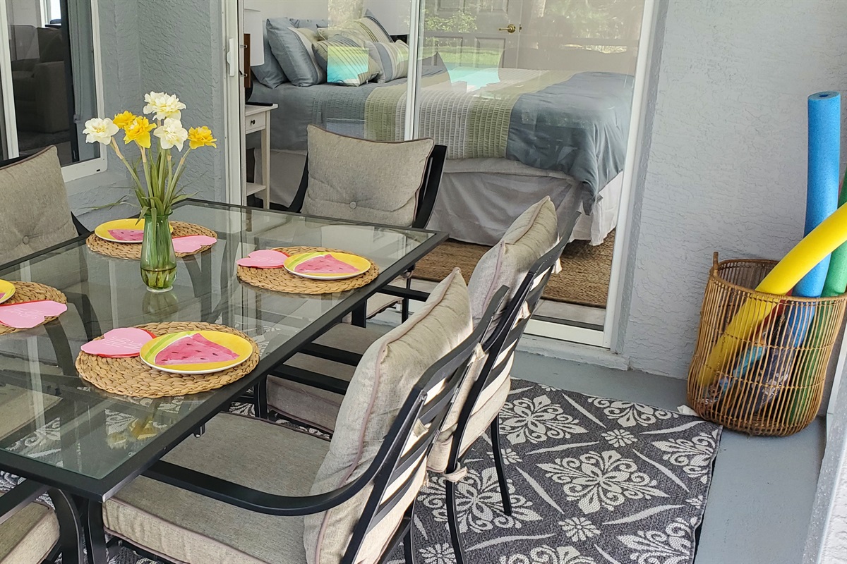 Outdoor dining table and master bedroom
