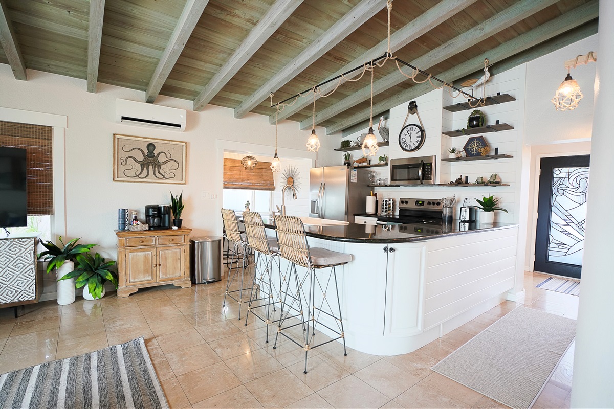 The full kitchen is great for eating in.