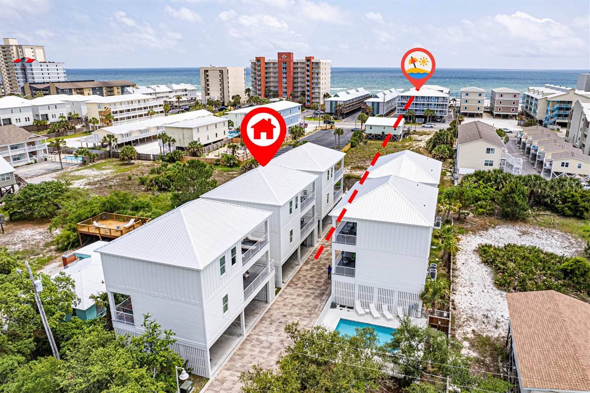 See the red line? Shortcut to Beach - go to the back left of the property, follow the sand trail, walking south towards the water, cross the street, then under the condos. BEACH!