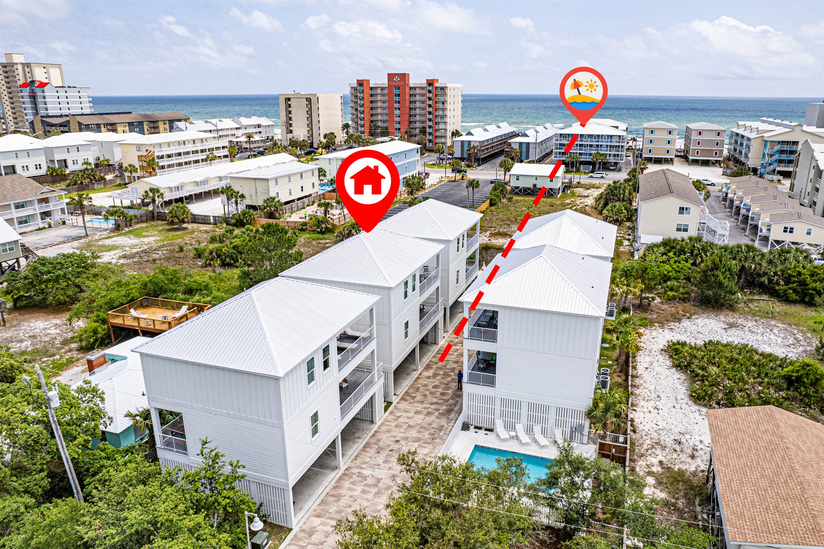 See the red line? Shortcut to Beach - go to the back left of the property, follow the sand trail, walking south towards the water, cross the street, then under the condos. BEACH!