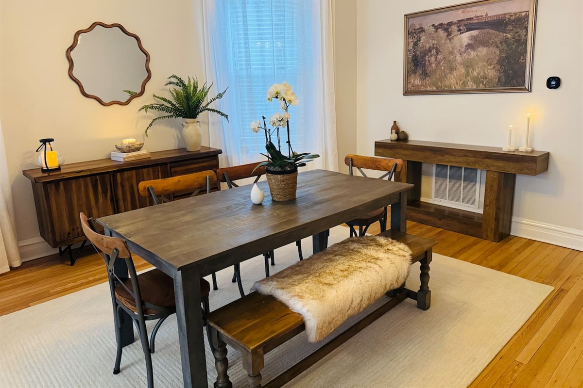 Dining space with warm lighting and modern design.