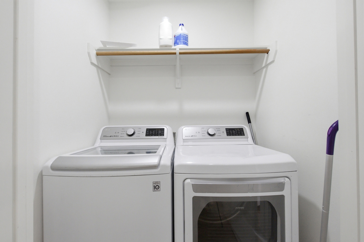 In-Home LG Washer and Dryer with Detergent and Laundry Essentials provided. Easy laundry for longer Arlington stays and multi-night sports weekends.

