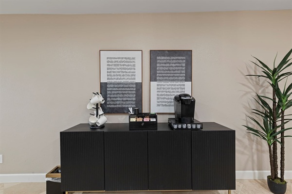 Dedicated coffee station stocked for your morning routine
