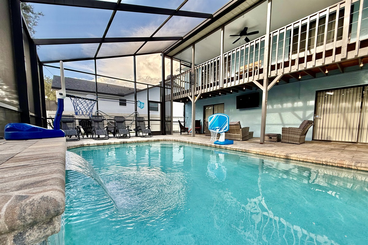 The screened pool is one of the standout features that truly makes your stay unforgettable.