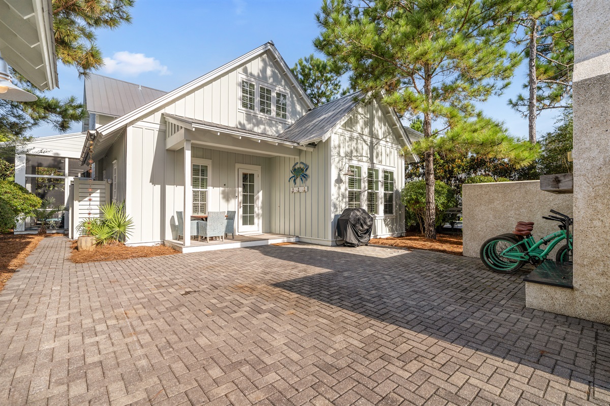 Back patio for alfresco dining, yard games., bike parking...