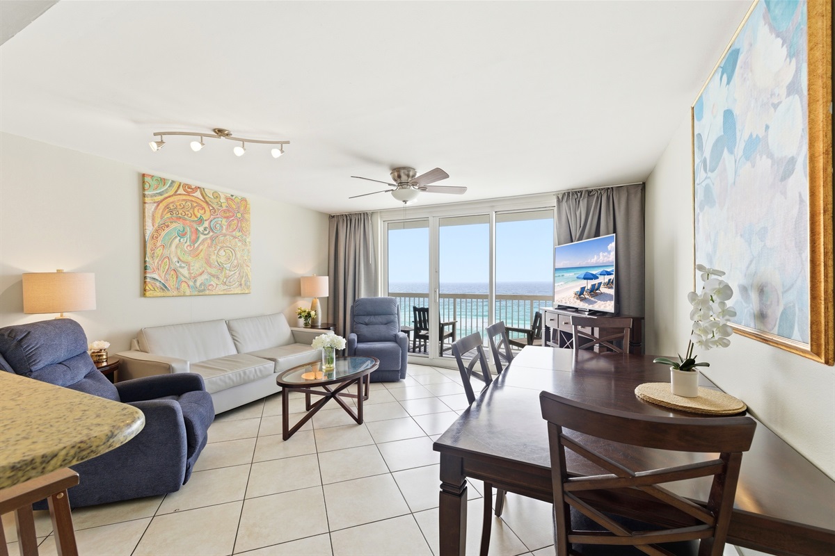 All you need from a living room, comfy recliners, couch and dining place...