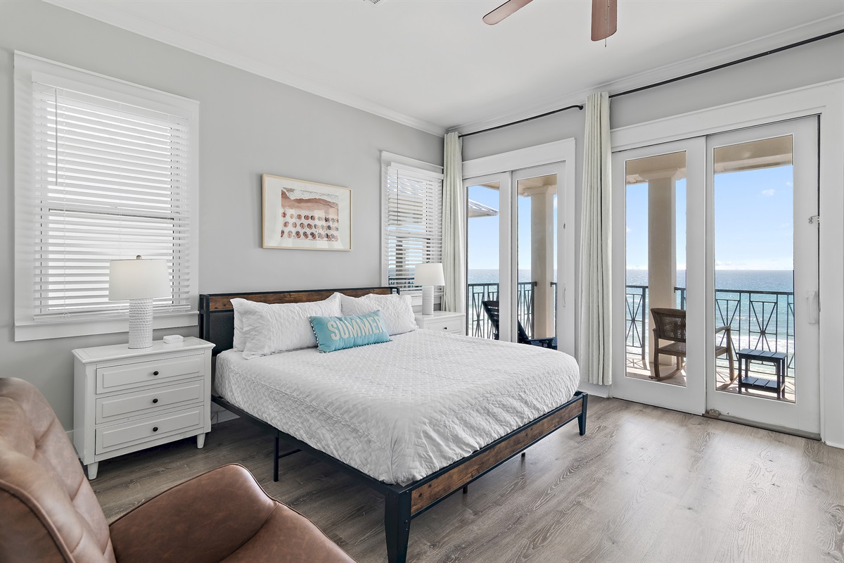 Frangista Sunset's 3rd Floor - Bedroom 1: Master Bedroom with KING bed, Gulf Views, ensuite bathroom with soaker tub and walk in shower, Private Balcony, 65” Smart TV (Sleeps 2)