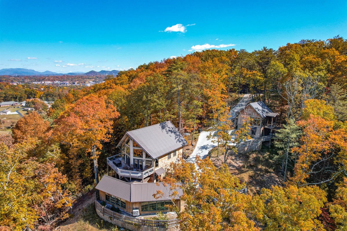 Fall drone view of Evergreen Resort of the Smokies