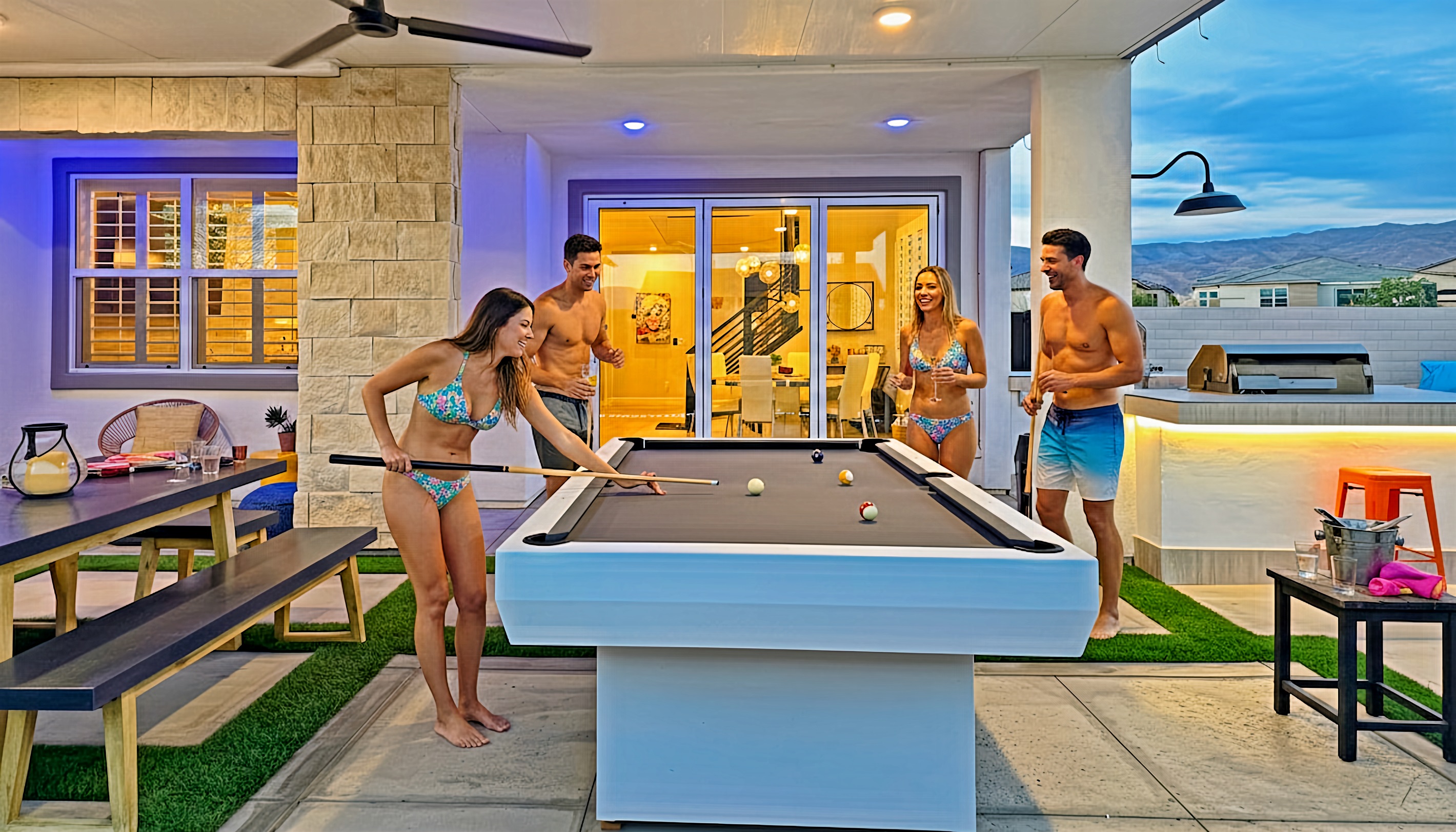 Outdoor Entertainment: Enjoy endless fun with a stylish pool table and a vibrant gathering space!