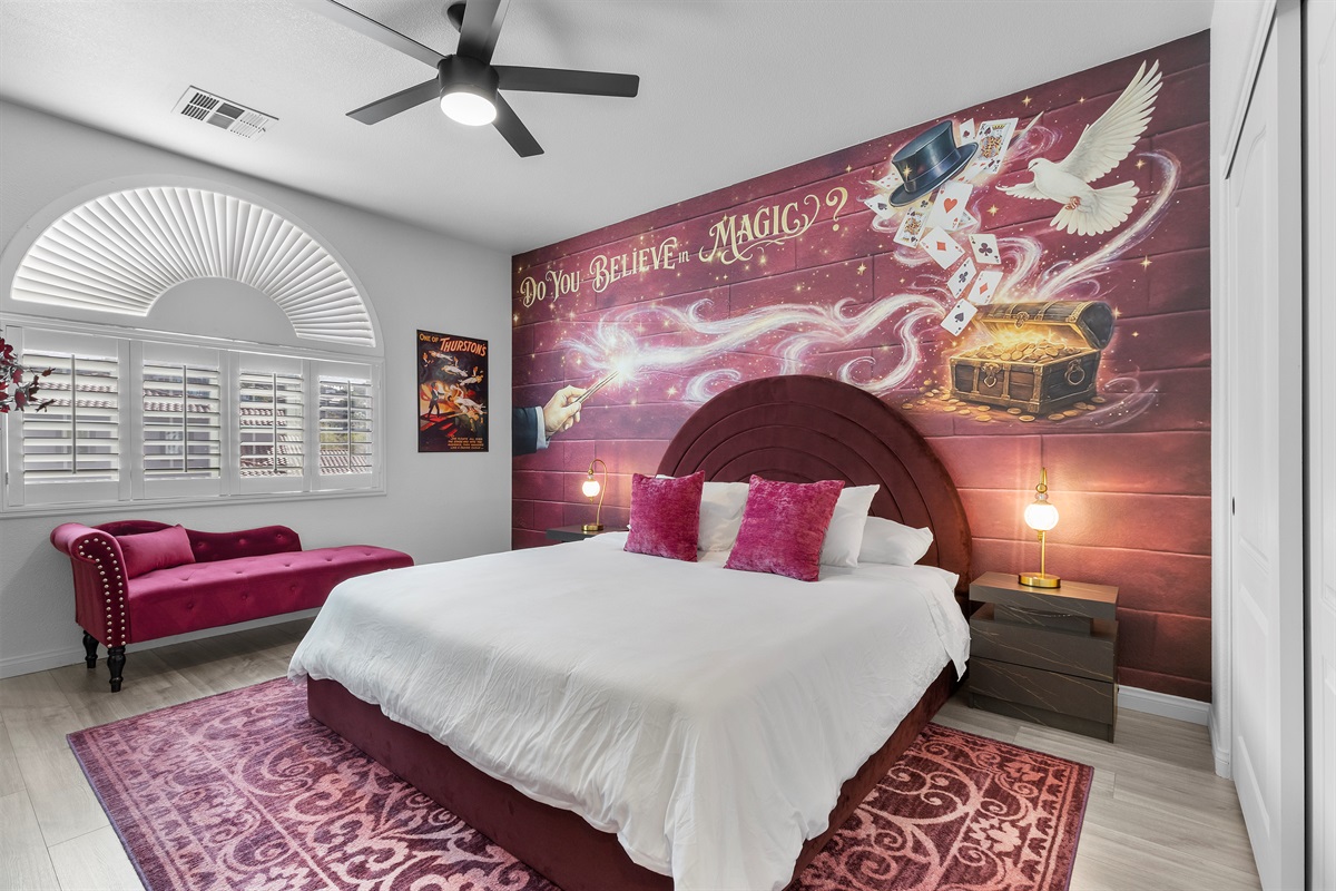 Las Vegas magician themed bedroom with a King Bed.  All bedrooms have a 55" 4K TV.  It's Showtime!