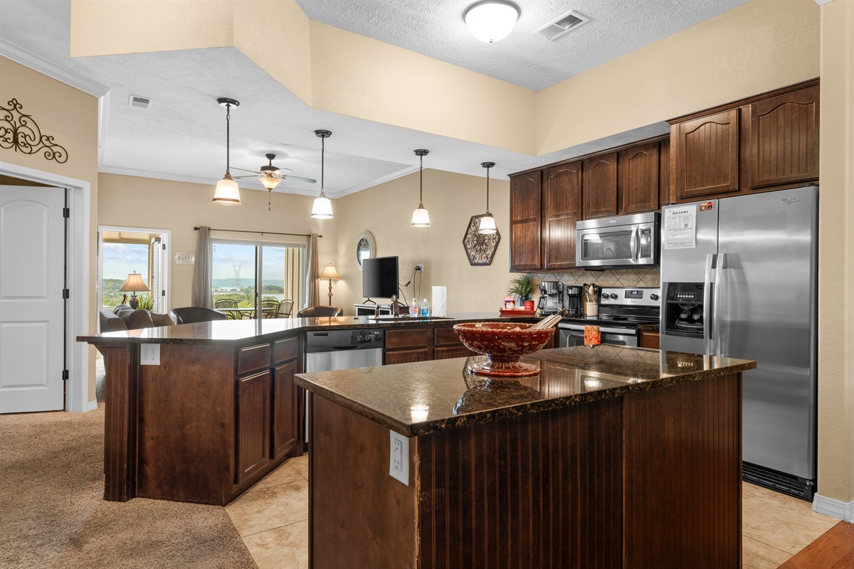 The fully stocked kitchen gives you plenty of space for coffee, snacks, or a full family meal.