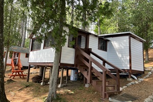 Side entrance with stairs with cabin in the middle of the woods