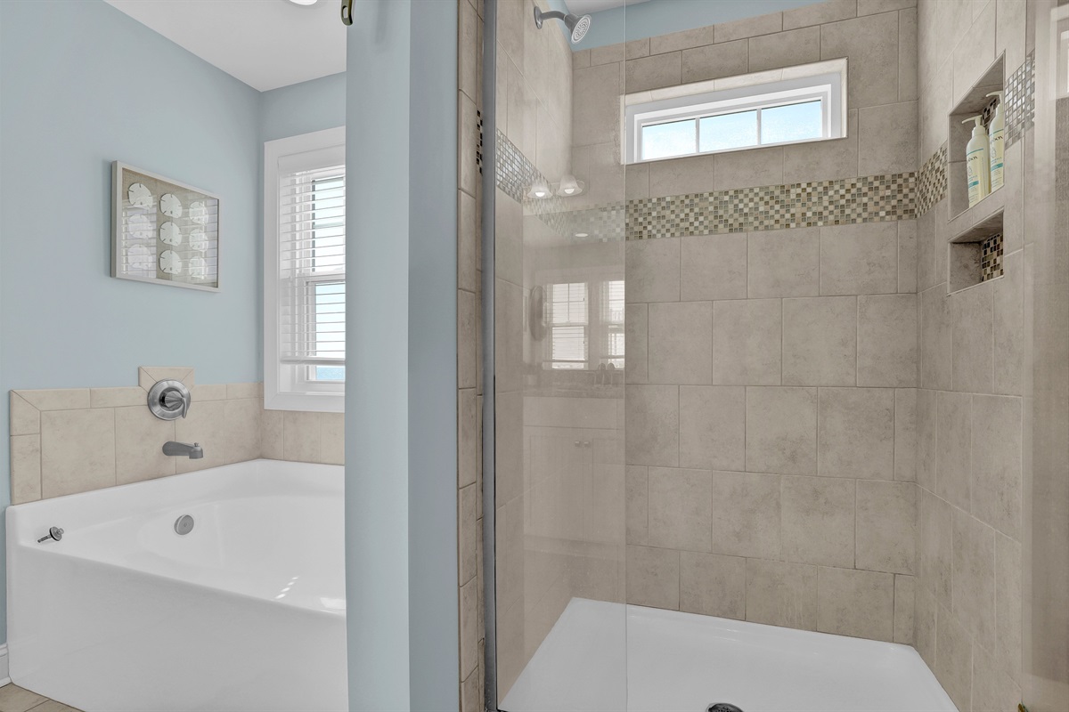 Luxurious primary bath featuring a separate walk-in shower and garden tub.