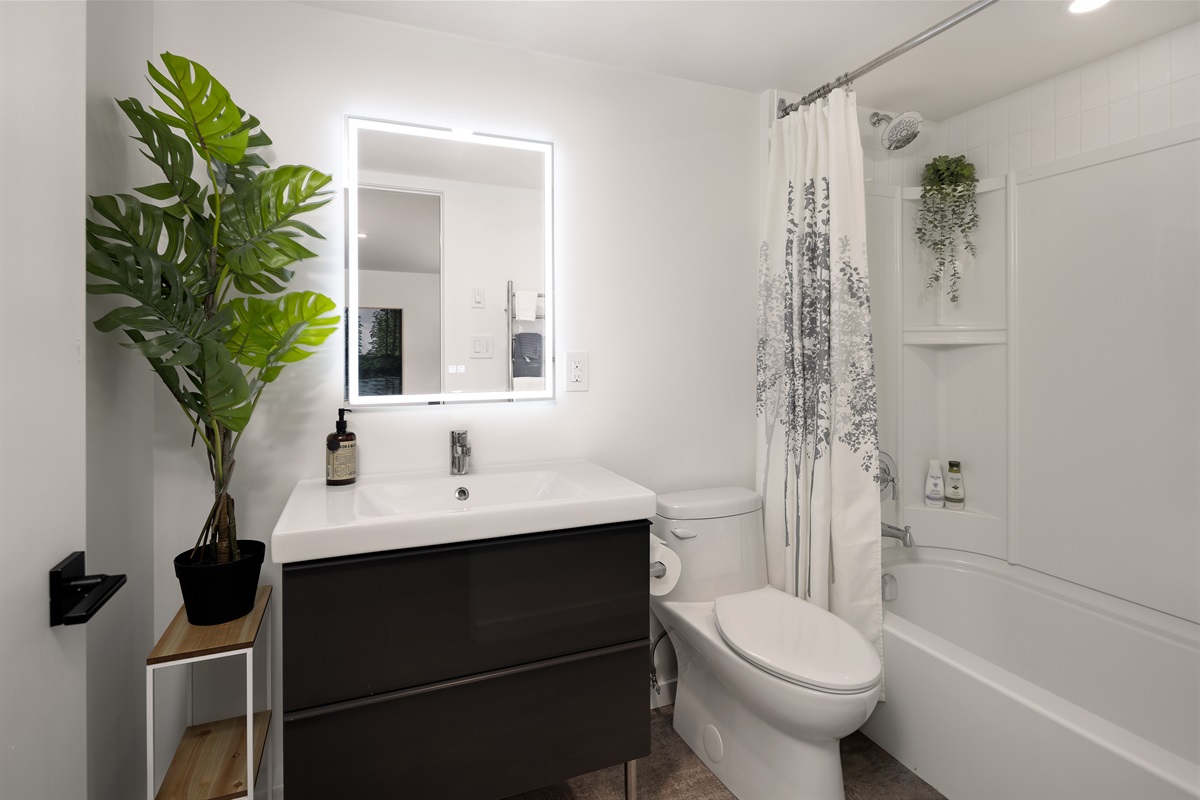 Bright, well-lit bathroom with thoughtful storage and clean, modern design.