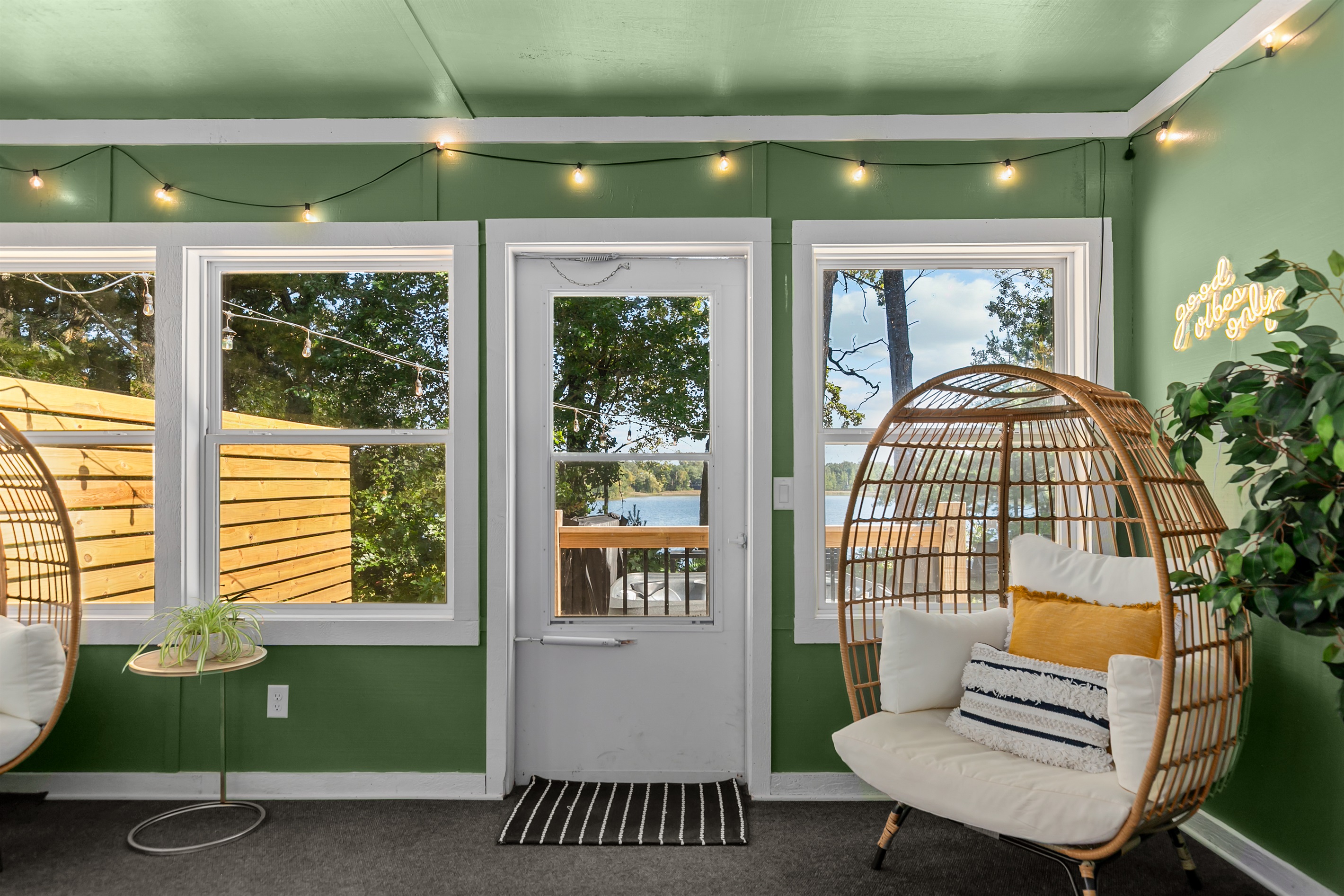 The egg chair adds a touch of fun and whimsy, making it a favorite spot for guests to relax