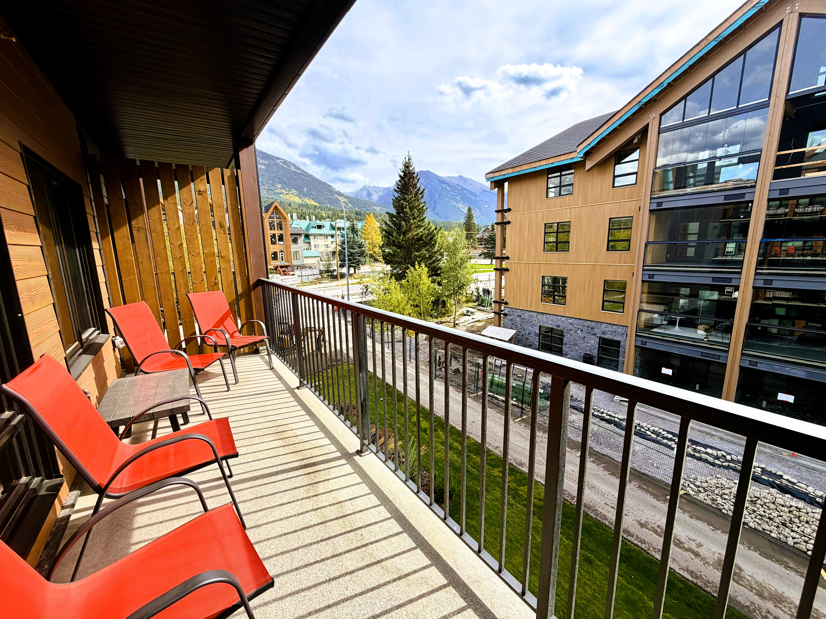 Spacious private balcony, with partial mountain view, Mount Lady MacDonald visible on your left.