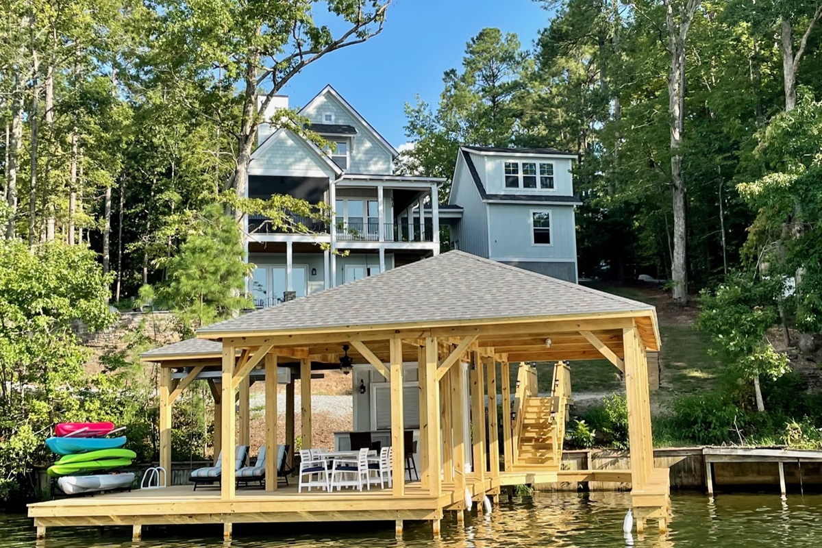 Boathouse with 1 lg boat slip, 1 double jet ski slip w/ lift & plenty of space to tie off 3 more boats