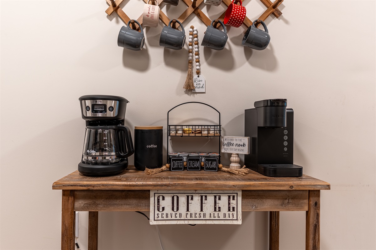 Coffee bar with supplies and plenty of coffee for your stay