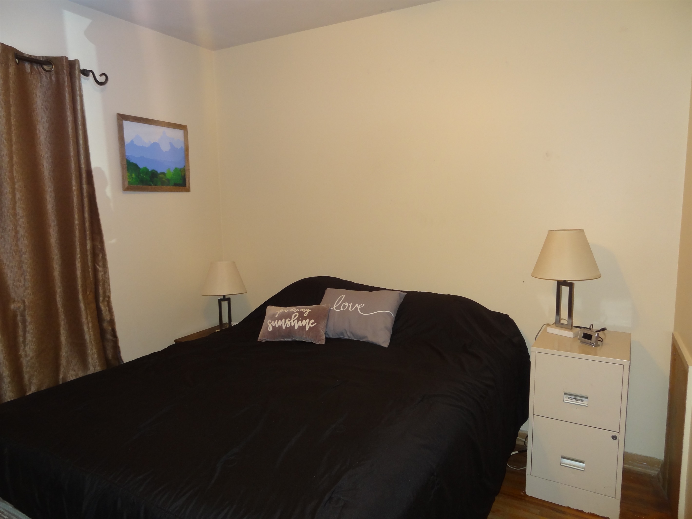 2nd Bedroom with queen bed, dresser, ceiling fan